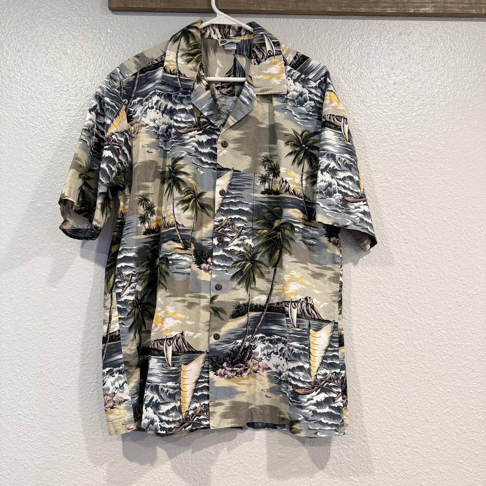 VTG Aloha Republic Shirt Mens XL Beige Palm Hawaiian Camp Button Up Short Sleeve